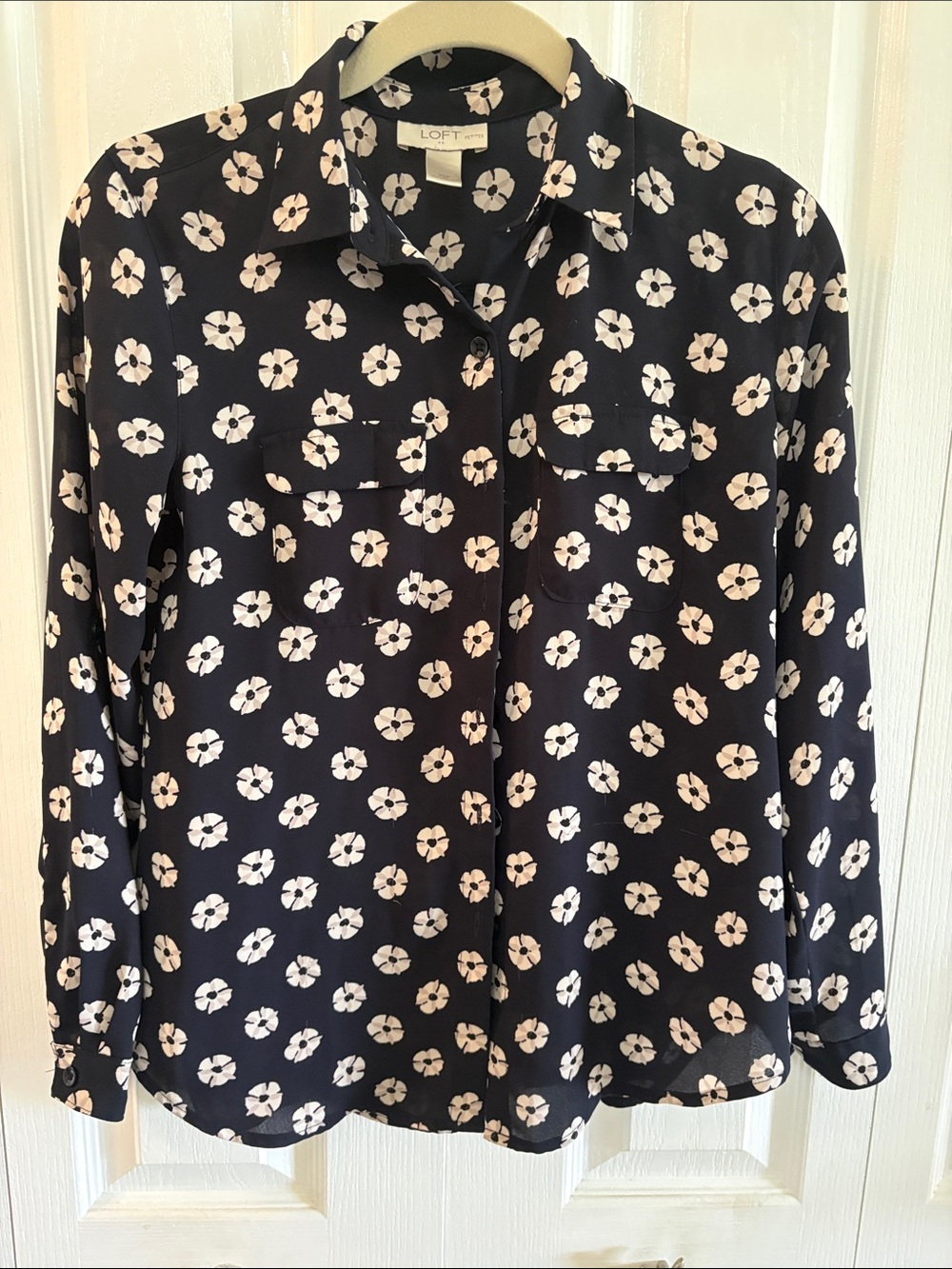 LOFT Dark Navy and White Floral Button-Front Shirt
